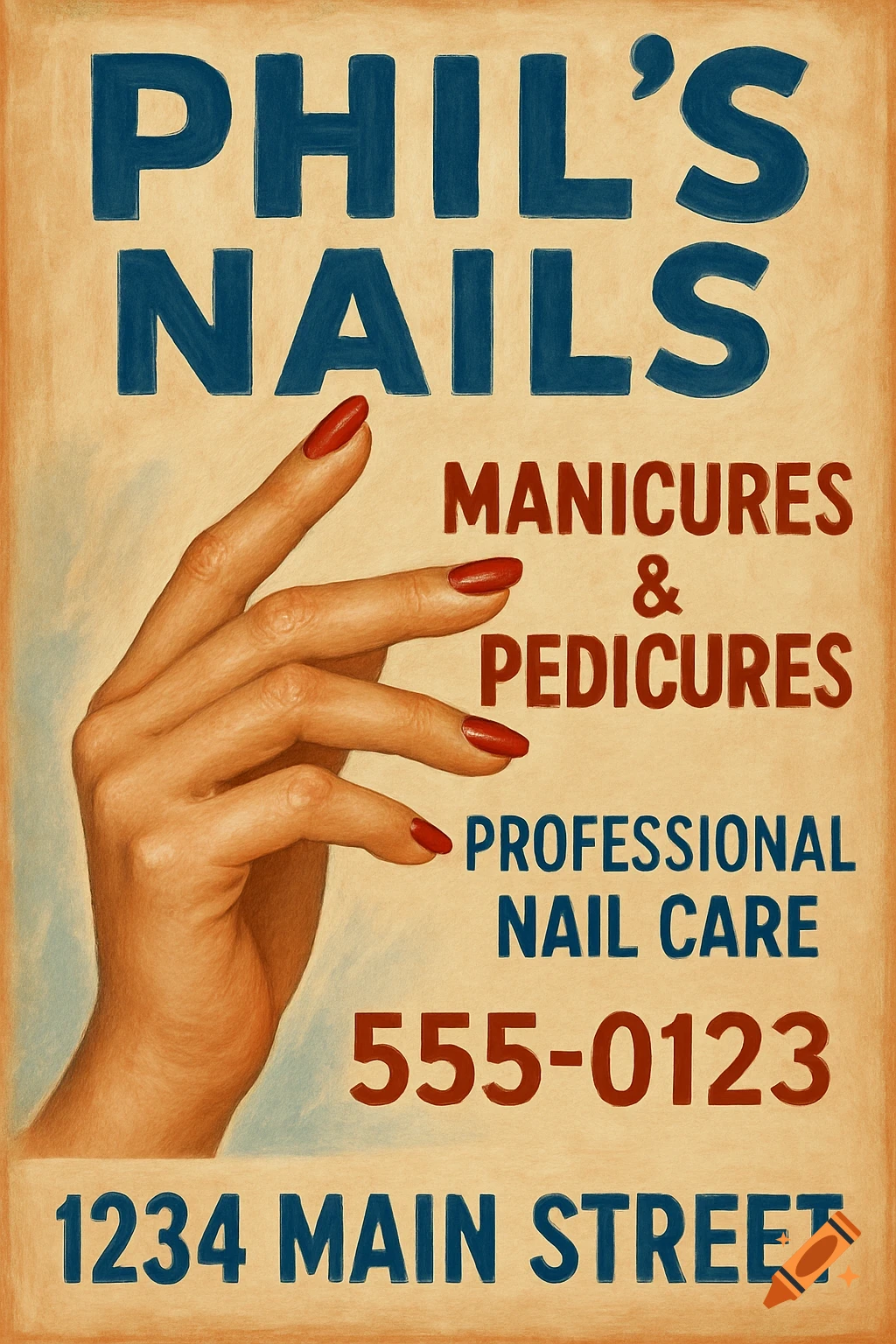 Ad poster for Phil's Nails featuring a hand with red nails, listing services, phone, and address.