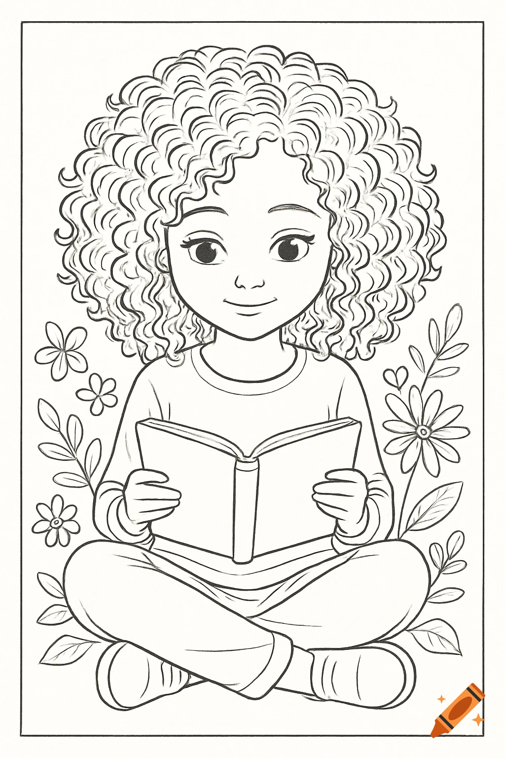 Line art coloring page of a curly-haired girl sitting cross-legged and reading a book, surrounded by flowers.