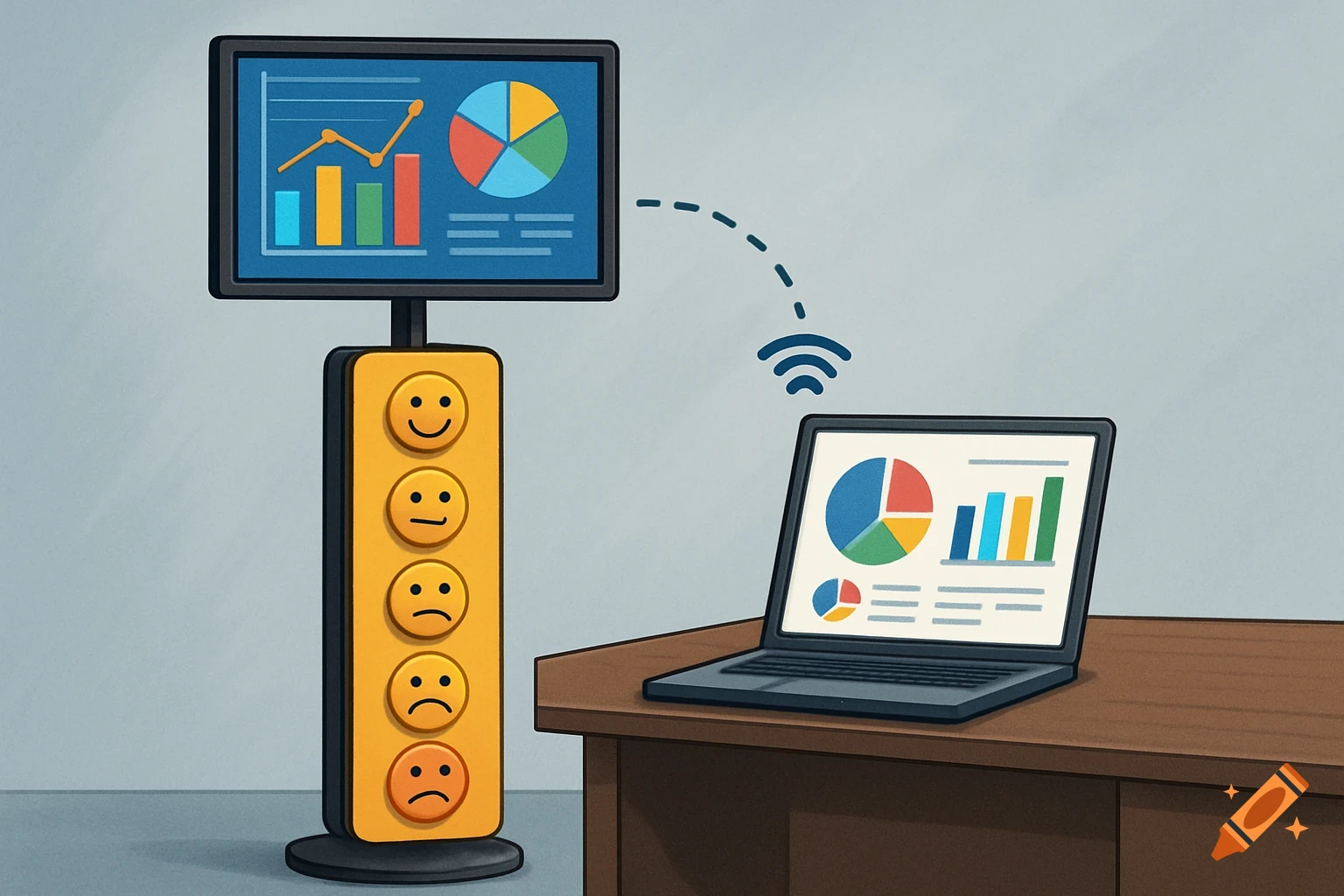 Display screen with charts, laptop with charts, and feedback station with emoji buttons, wirelessly connected.