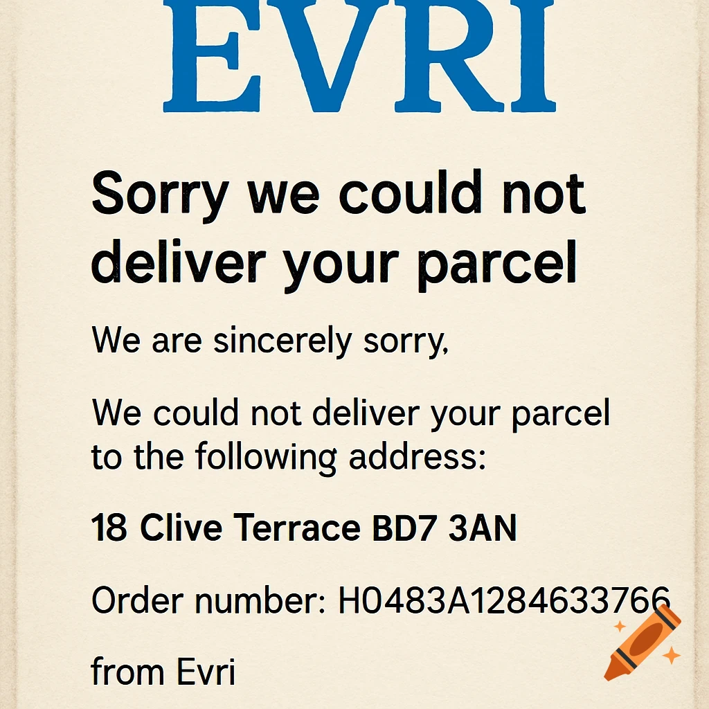 A document or email text stating 'Sorry we could not deliver your parcel' from Evri.