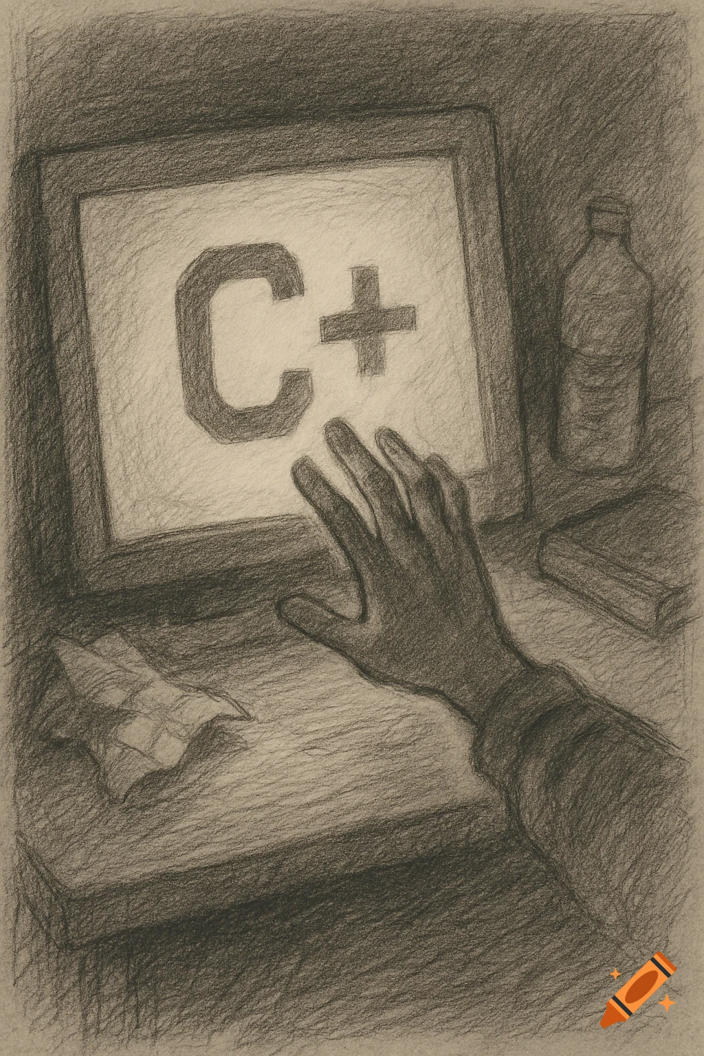 Pencil sketch of a hand reaching for a computer screen showing C+