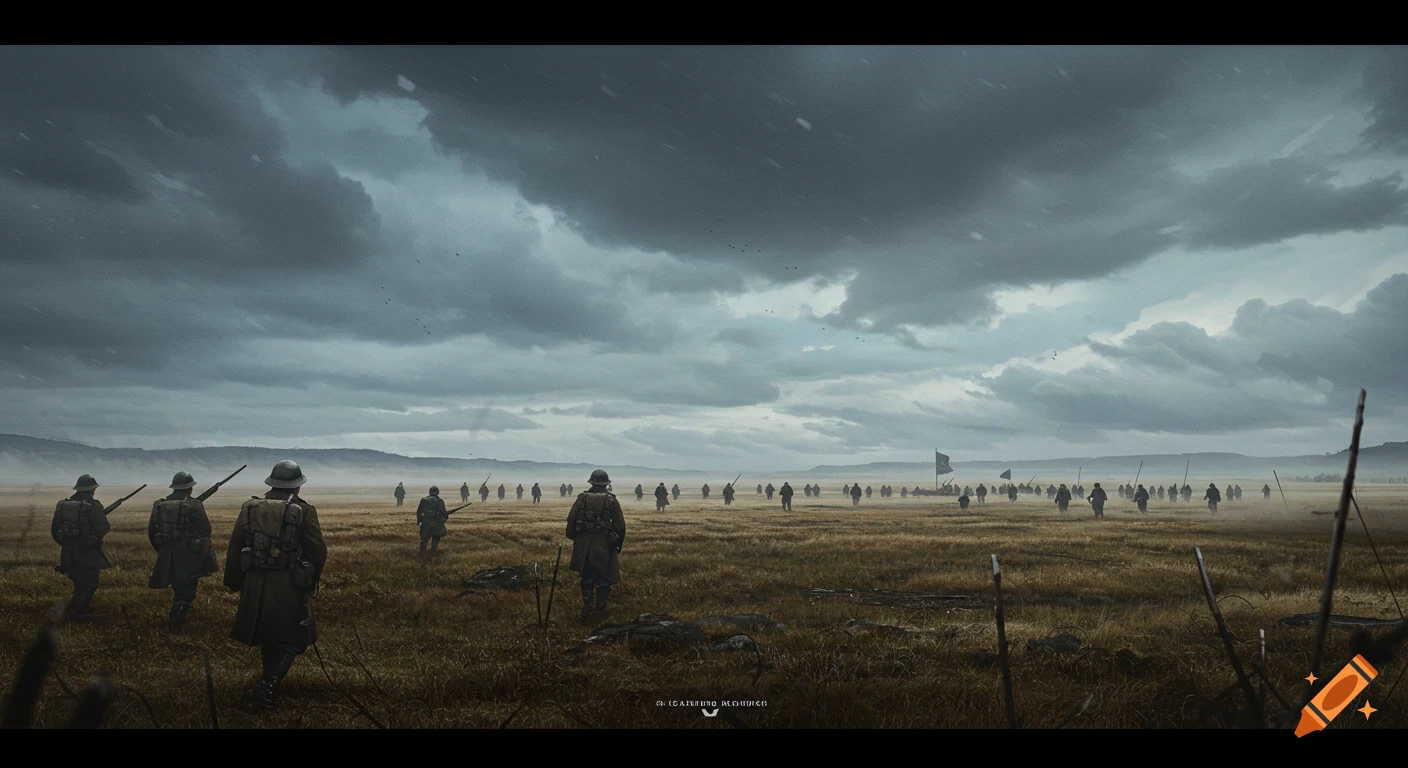Soldiers walk across a grassy field under a stormy, cloudy sky.