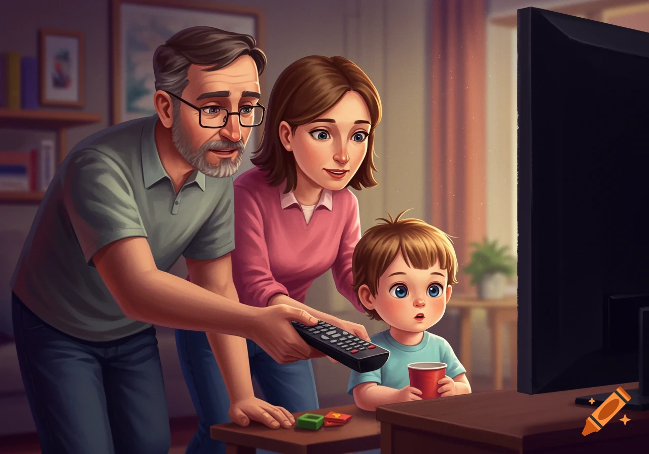 Illustrated family (father, mother, child) watching television. The father holds a remote control.