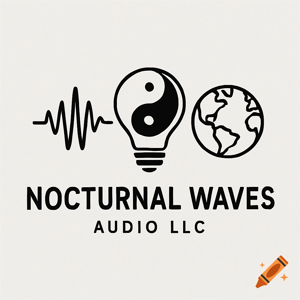 Minimalist logo with waveform, yin-yang lightbulb, globe, and text 'NOCTURNAL WAVES AUDIO LLC'