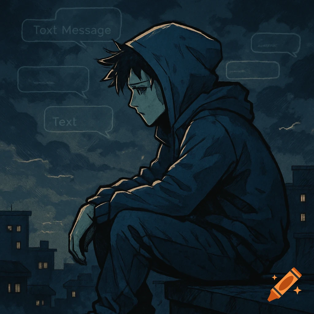 Anime style illustration of a sad young man on a rooftop at night, with message bubbles floating around him.