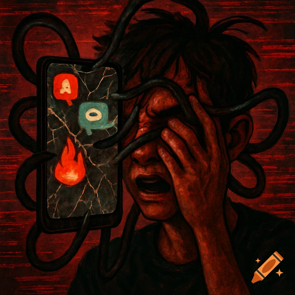 Stylized illustration of a person overwhelmed by a cracked phone with chaotic notification icons and wires covering their face.