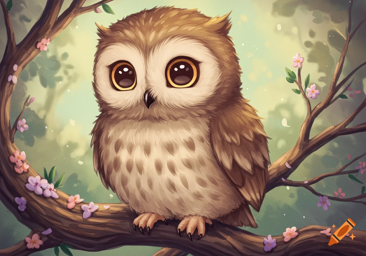 A cute, fluffy owl with big eyes sits on a tree branch adorned with pink flowers.