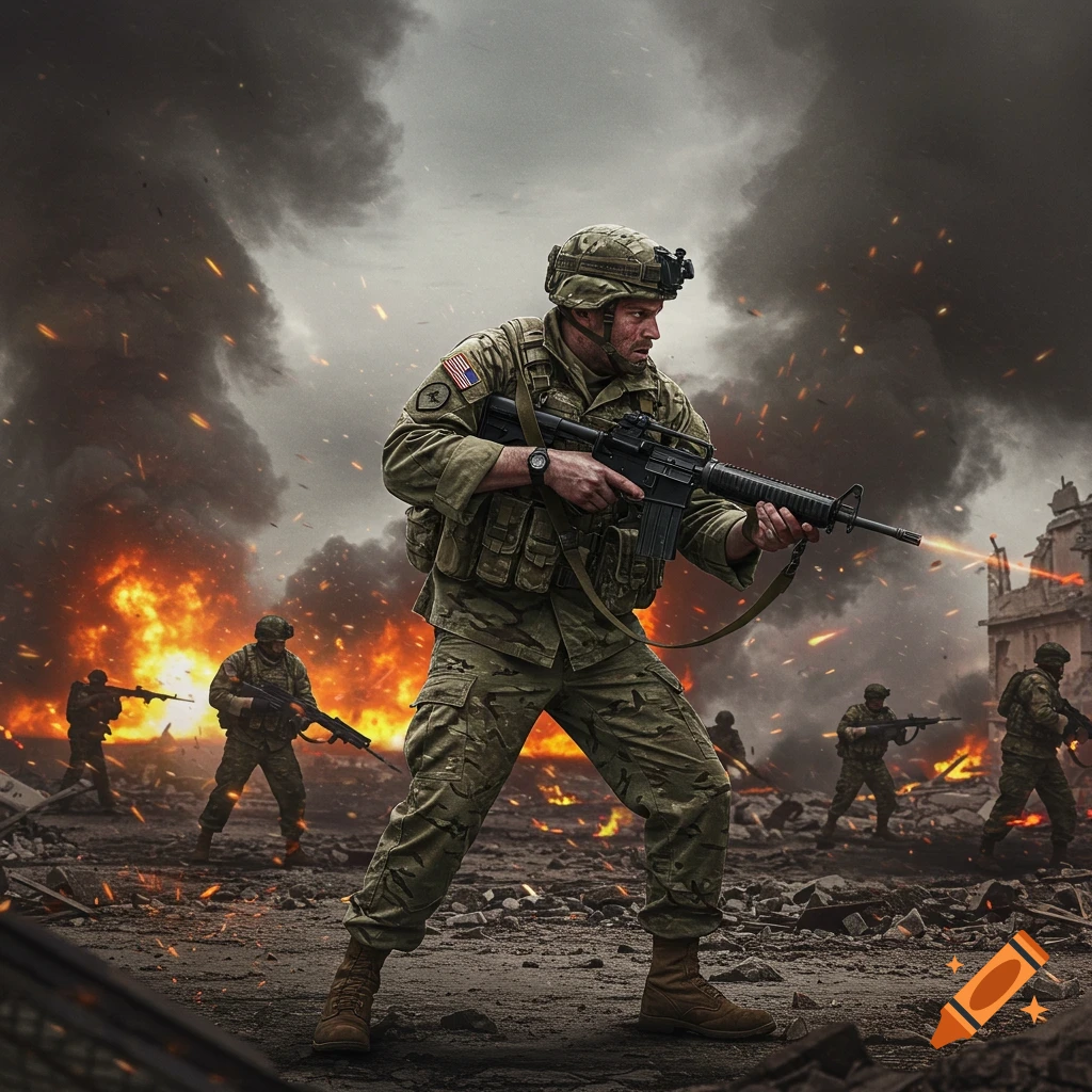 Soldiers in a battle scene with fire, smoke, and rubble