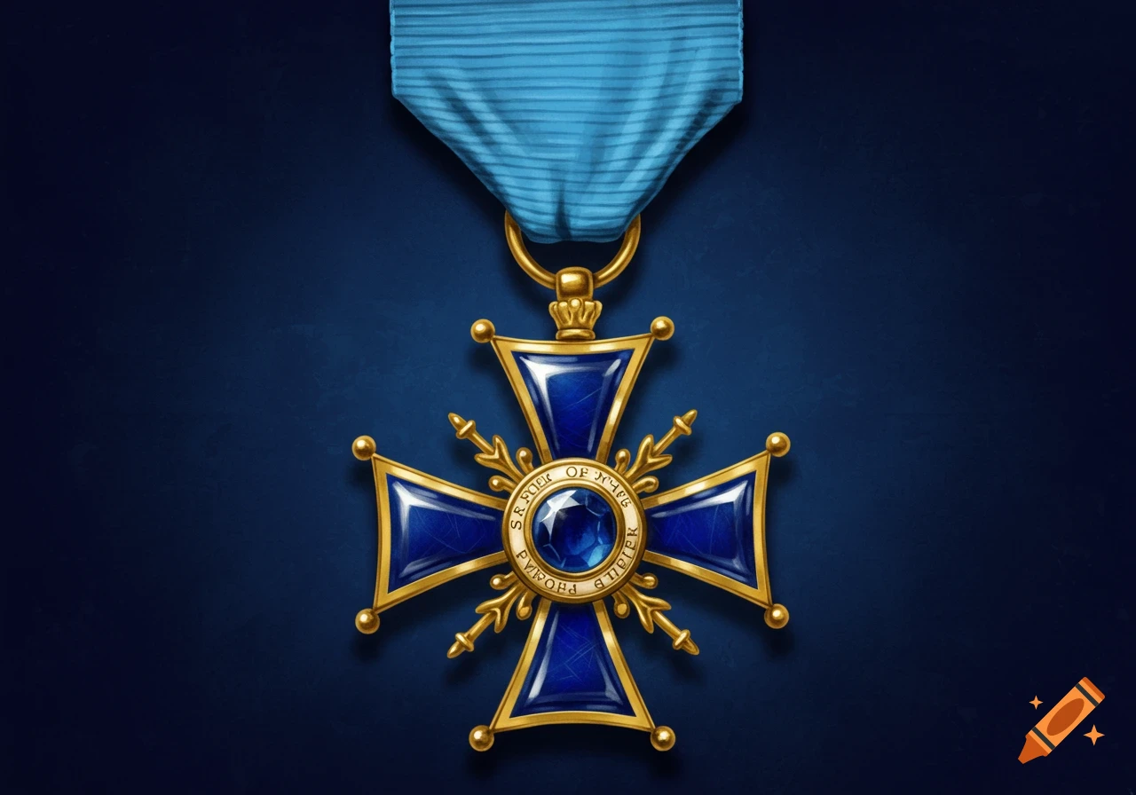 A detailed illustration of a blue ribbon holding a gold and blue cross-shaped medal with a sapphire center on a dark blue background.