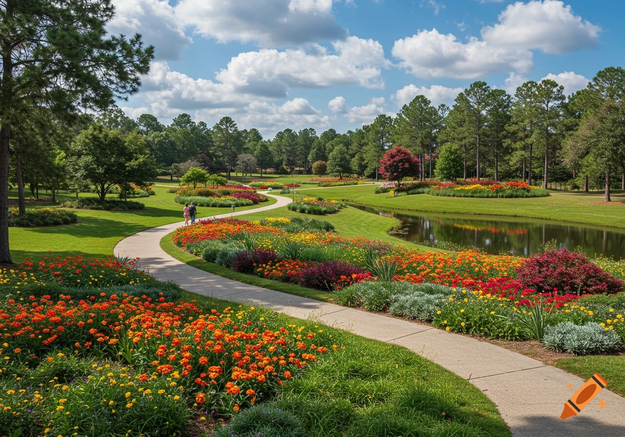 Two people walk on a winding path through vibrant flower beds in a sunny park with a pond.