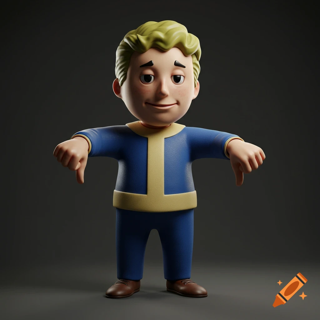 3D rendering of Vault Boy from Fallout showing thumbs down