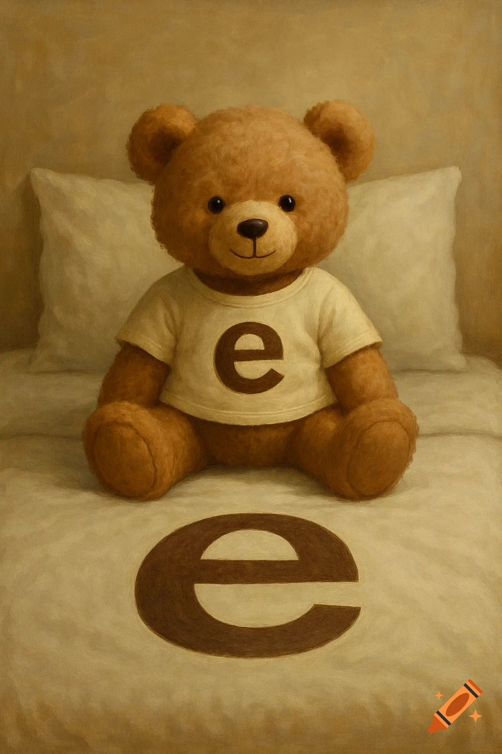 A teddy bear wearing a shirt with an 'e' sits on a bed with a large 'E'. Painterly style.