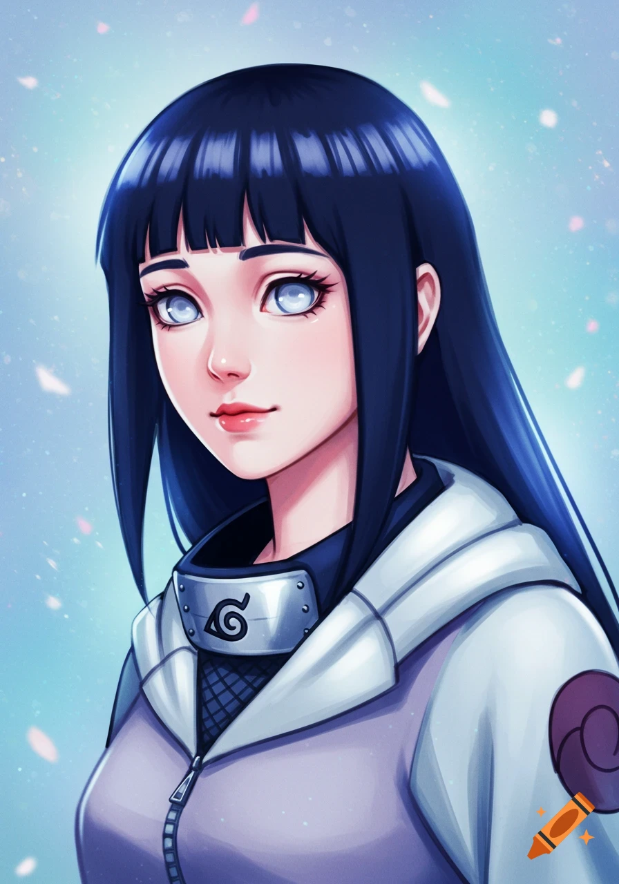 Anime style portrait of Hinata Hyuga with Byakugan eyes, wearing a jacket and headband with a leaf symbol.