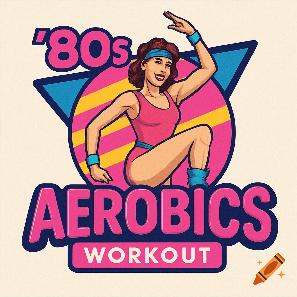 80s style aerobics workout logo with woman in pink leotard and bold text.