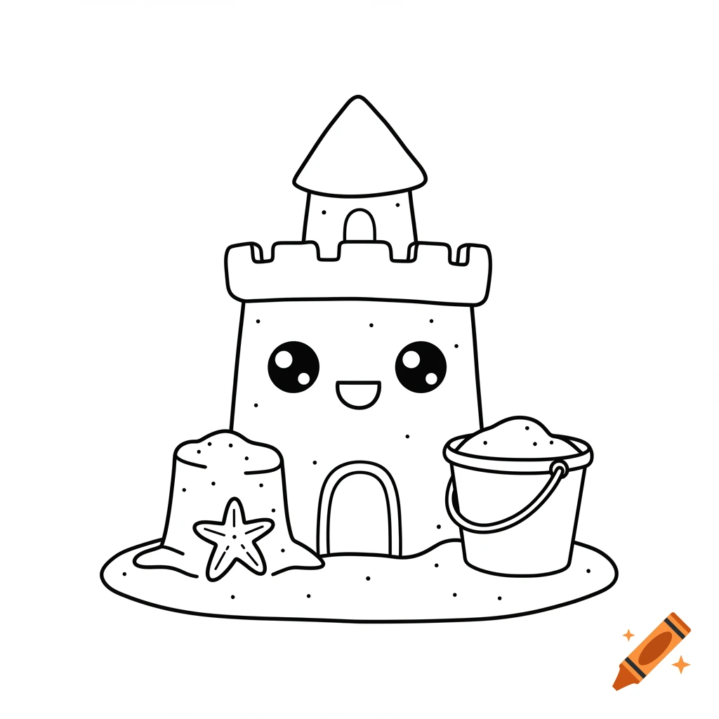 Kawaii coloring page of a sandcastle with a face, sand pile with starfish, and bucket.