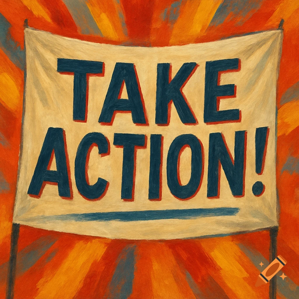 A banner displays the text 'TAKE ACTION!' over a sunburst background, in a painted style.