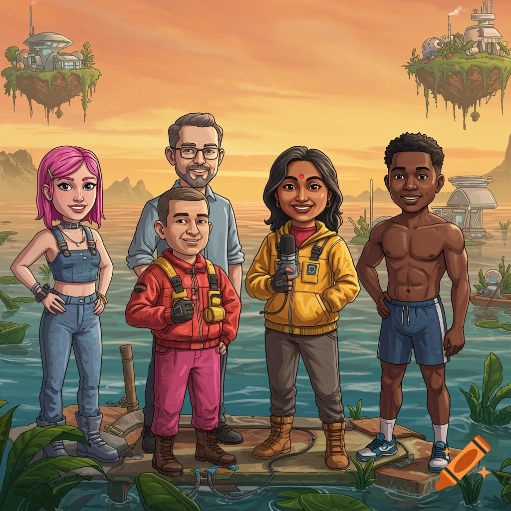 Cartoon illustration of five people standing on a dock in a flooded, futuristic world with floating islands.