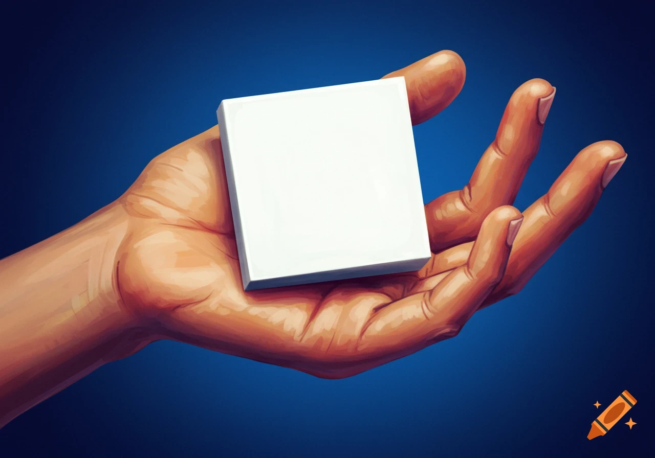 A stylized hand holds a white square object against a blue background.