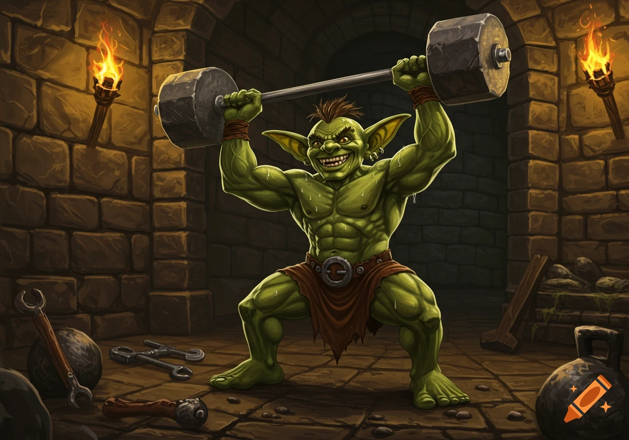 A muscular green goblin lifts a large barbell overhead in a dungeon with torches