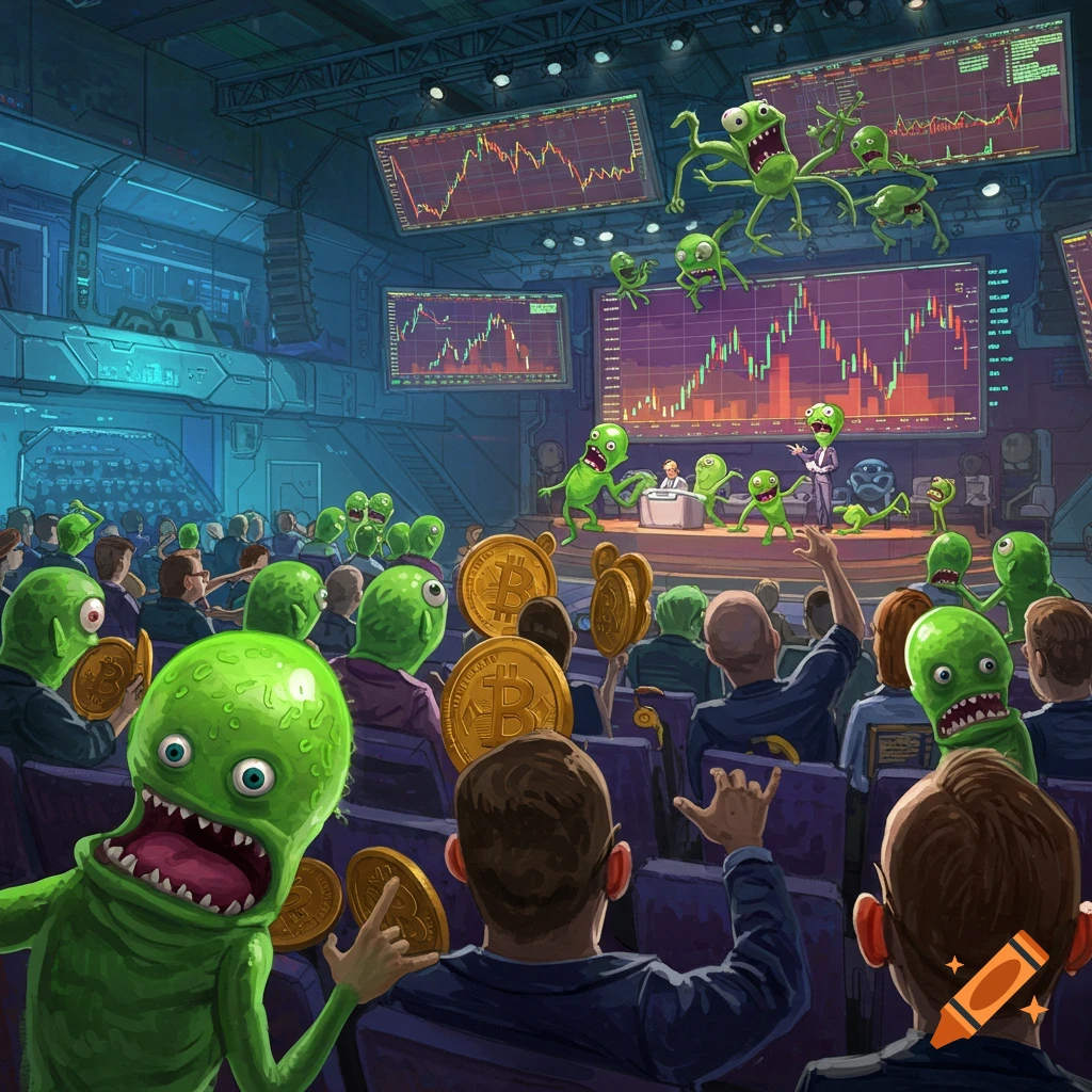 Cartoon aliens and people attending a conference, with financial charts and bitcoins.
