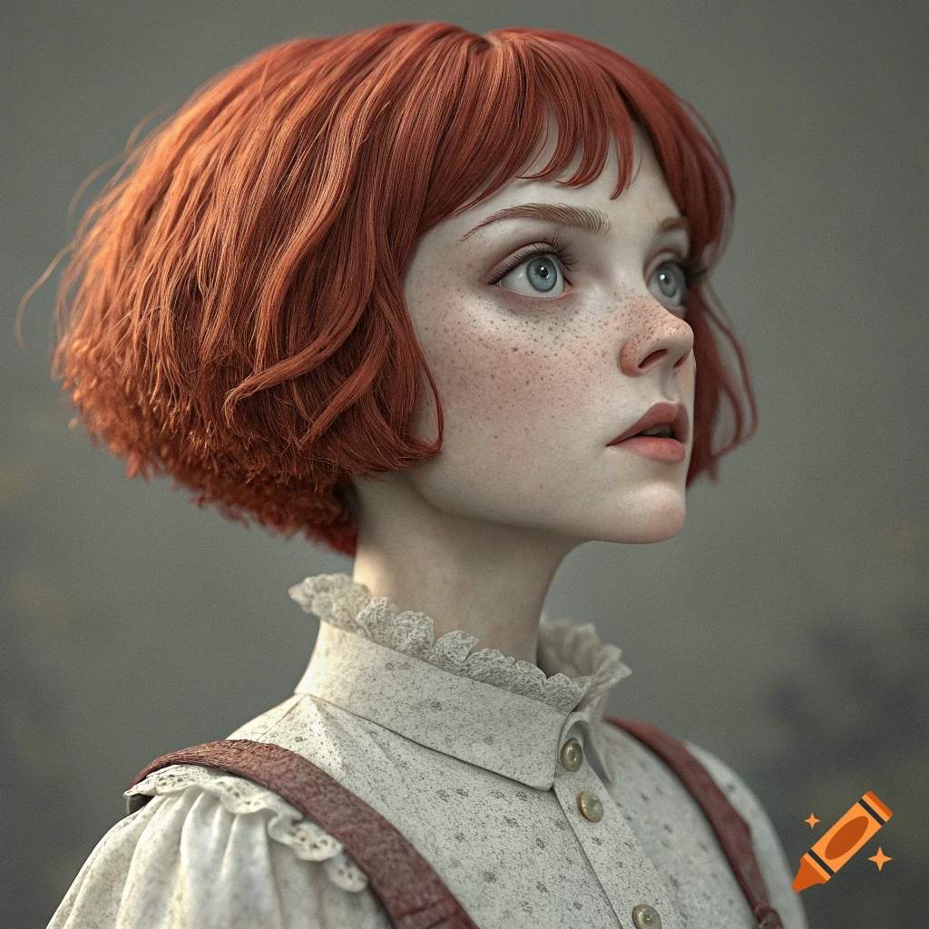 Close-up portrait of a stopmotion puppet or doll with short red hair and freckles, looking upwards.