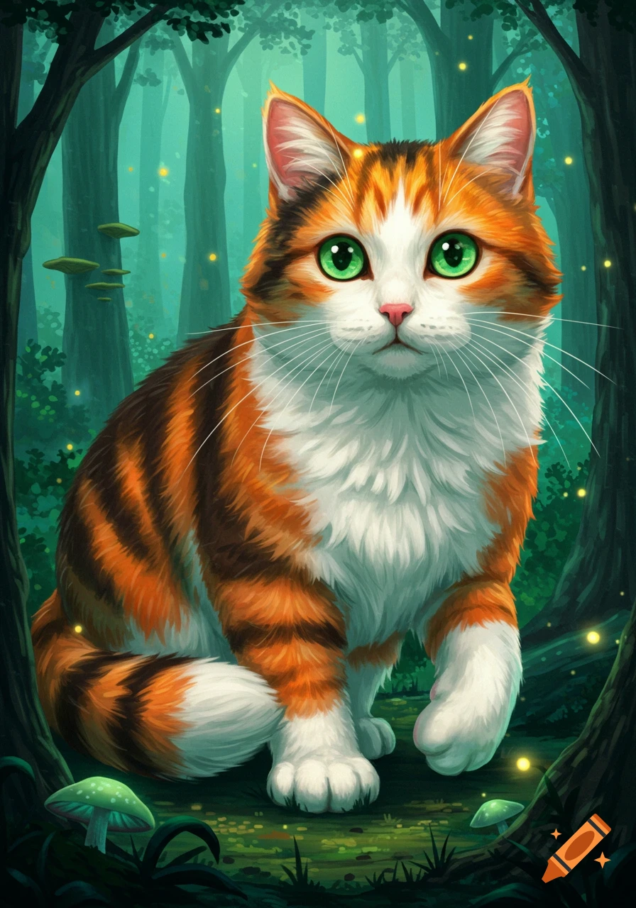 A ginger and white cat with green eyes sits in a magical forest. on Craiyon