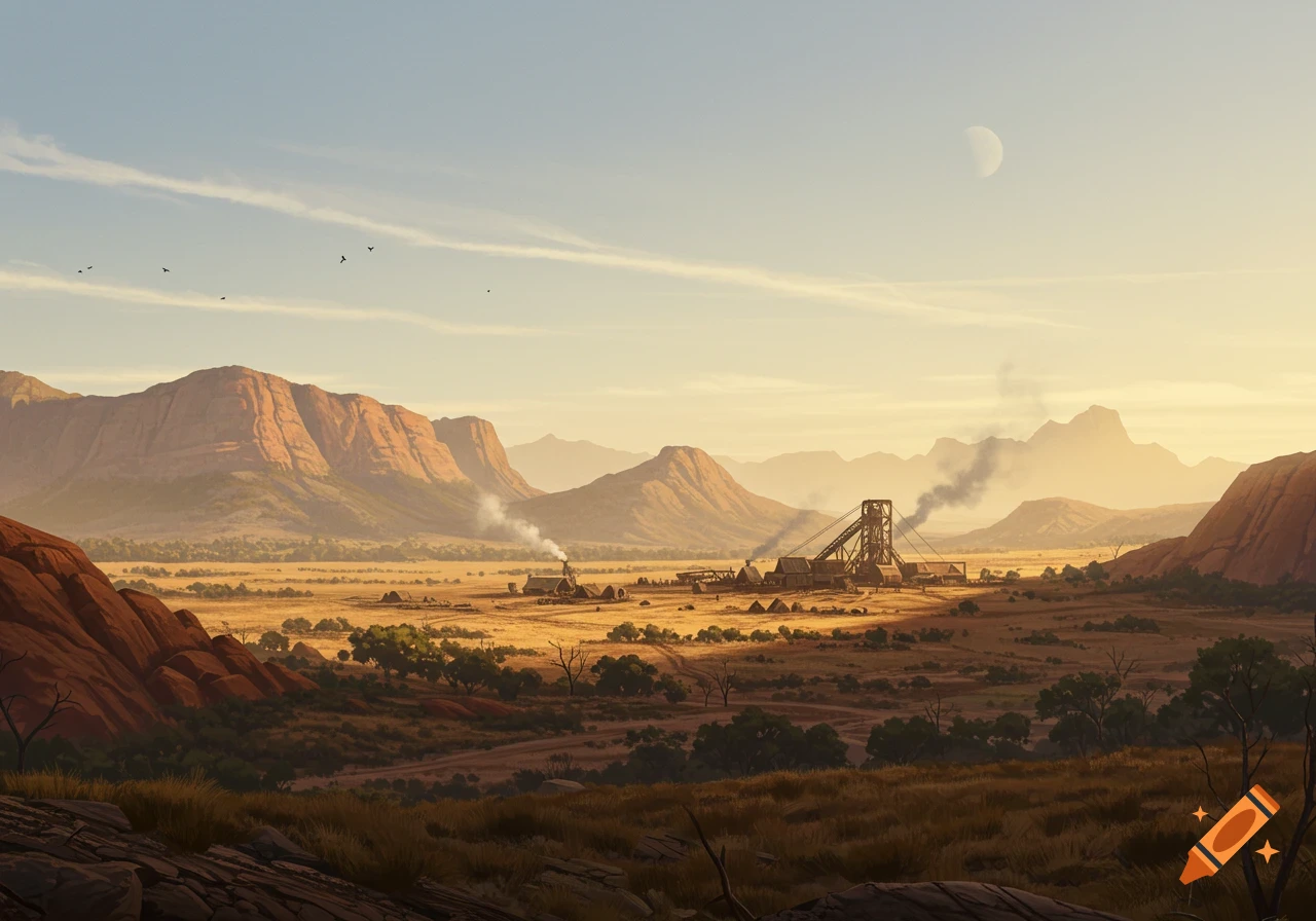 Illustrated landscape of a mine in a dry, mountainous Australian landscape under a sky with a moon.