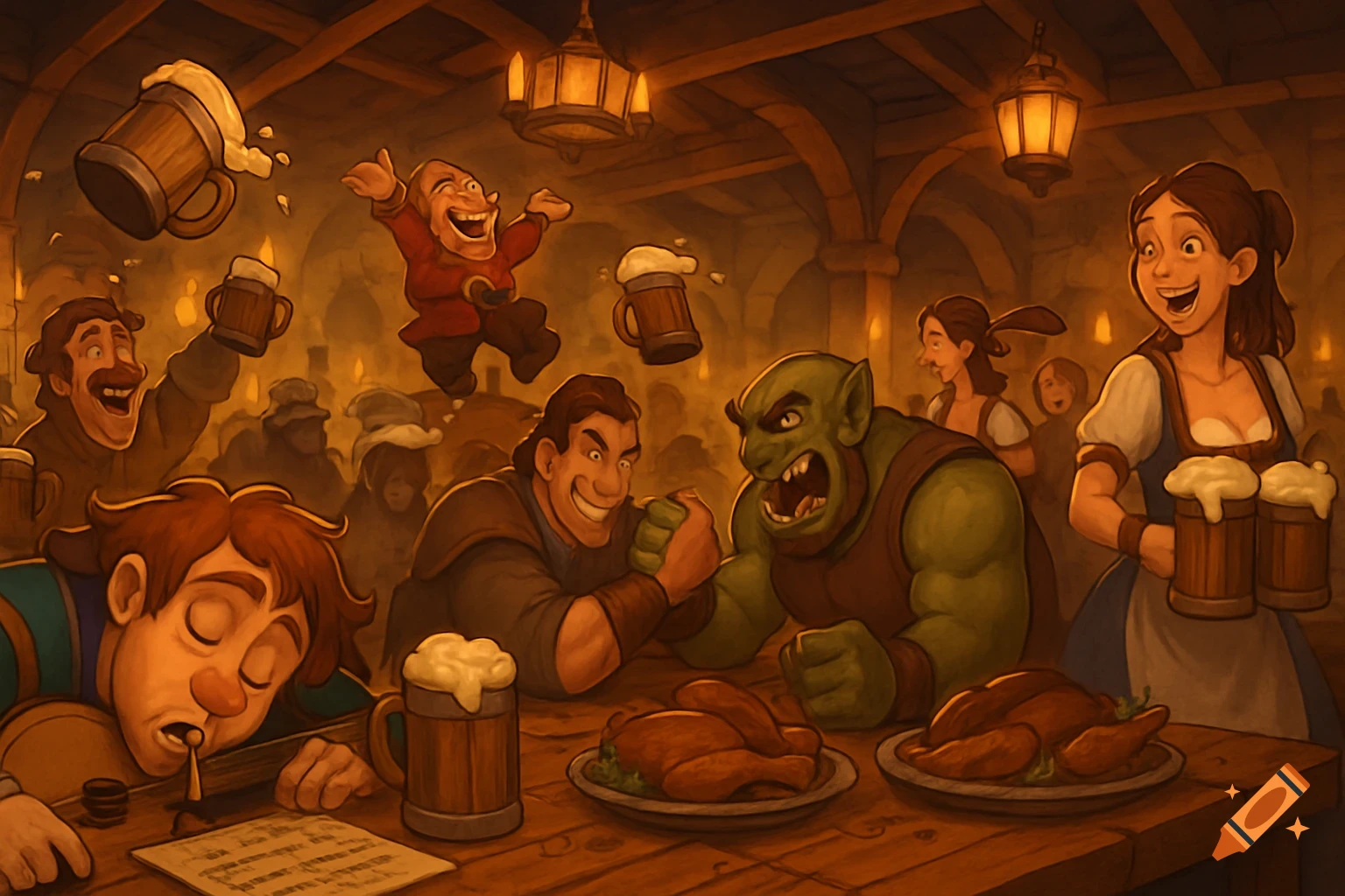 Cartoon fantasy image of a bustling medieval tavern with patrons drinking, arm-wrestling, dancing, and a bard asleep.