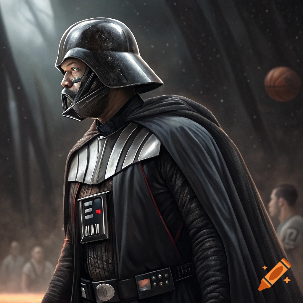 Person in a Darth Vader costume standing on a basketball court