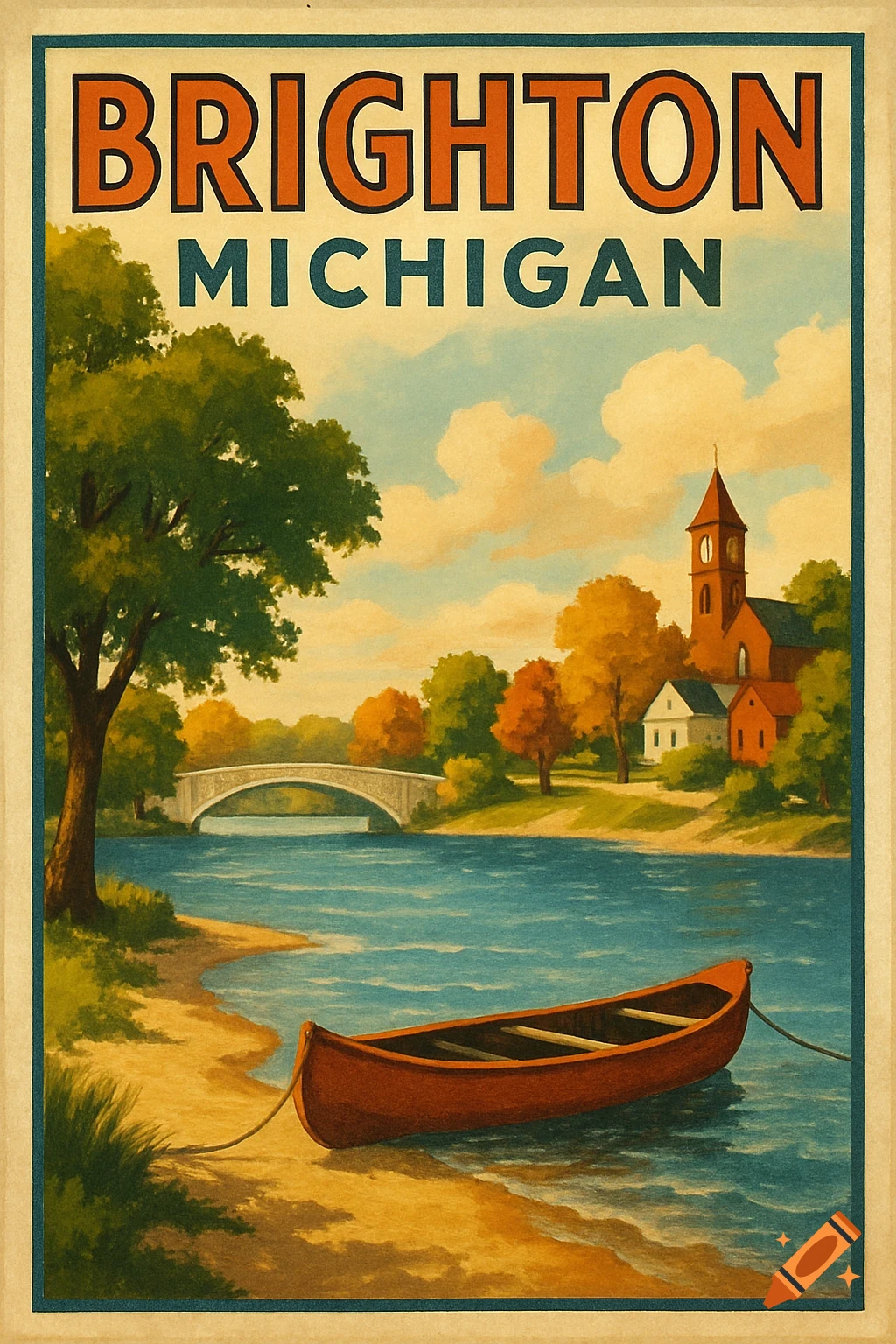 Vintage travel poster shows a river, bridge, church, and canoe, with text "BRIGHTON MICHIGAN".