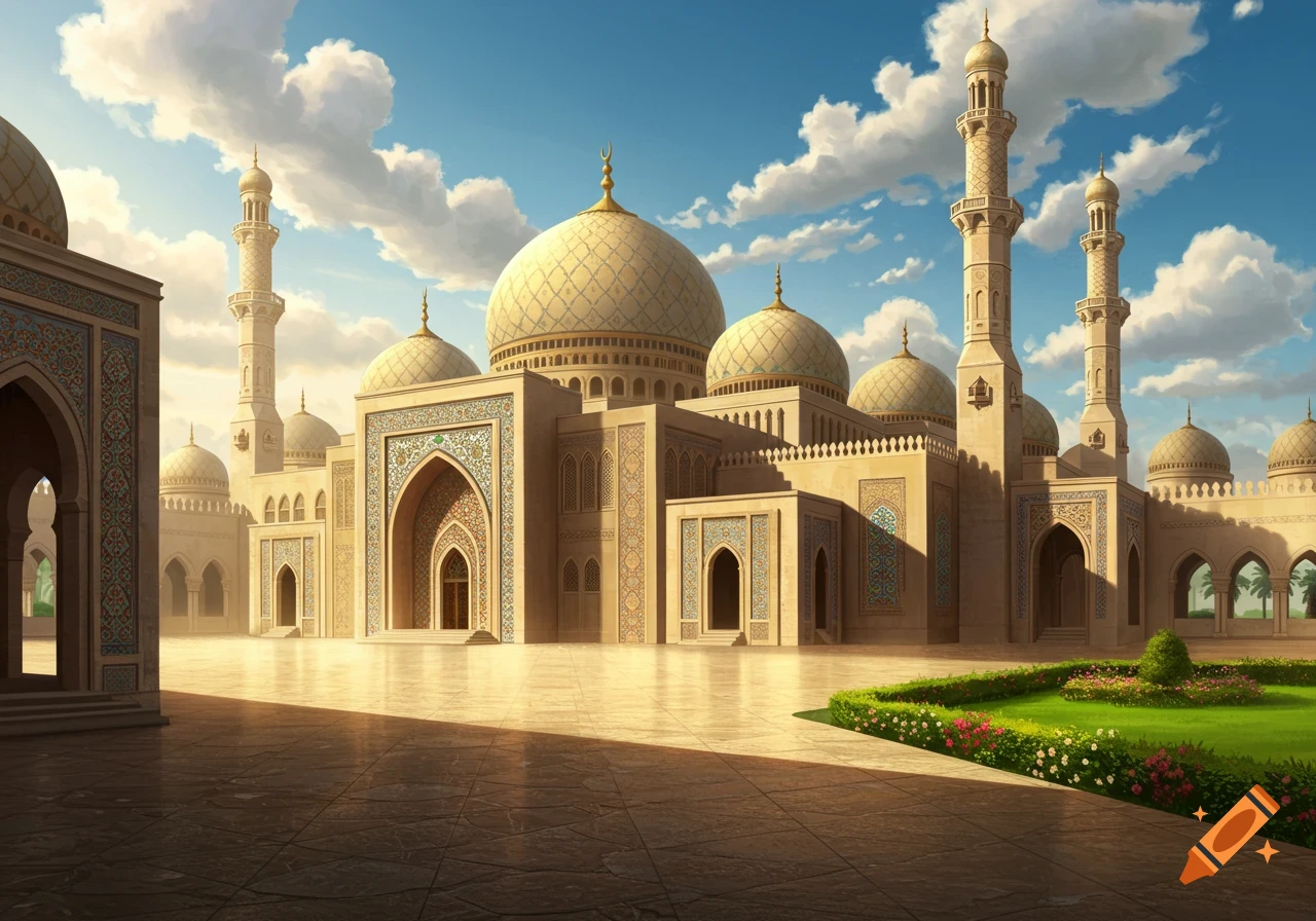 Grand mosque with multiple domes and minarets under a cloudy sky