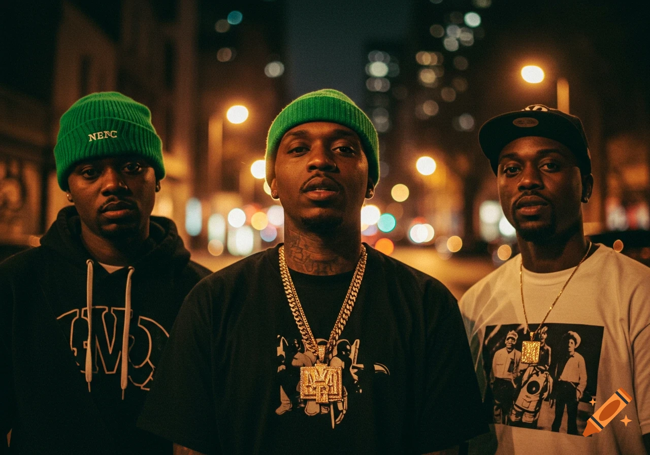 Three men wearing hip hop style clothing pose on a city street at night with bokeh lights.