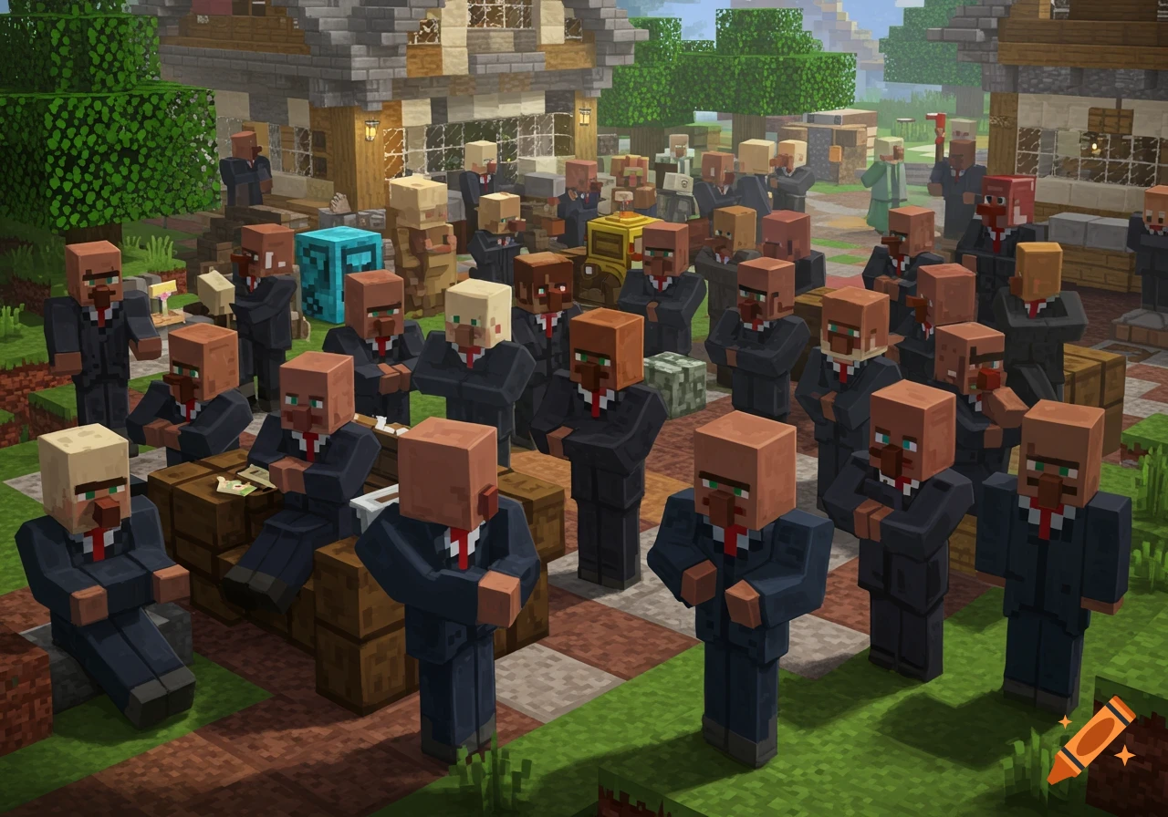Minecraft villagers wearing business suits gathered in a village.