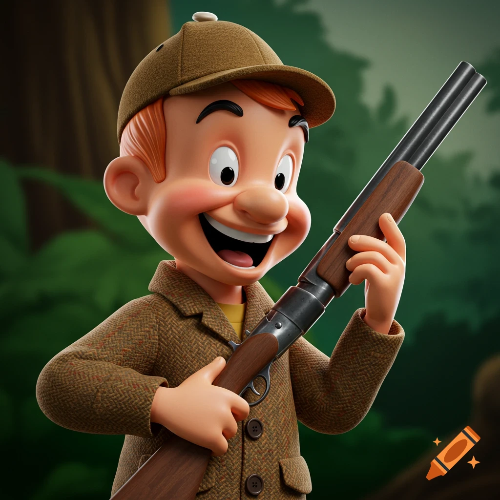 A cartoon character resembling Elmer Fudd holds a shotgun in the woods.