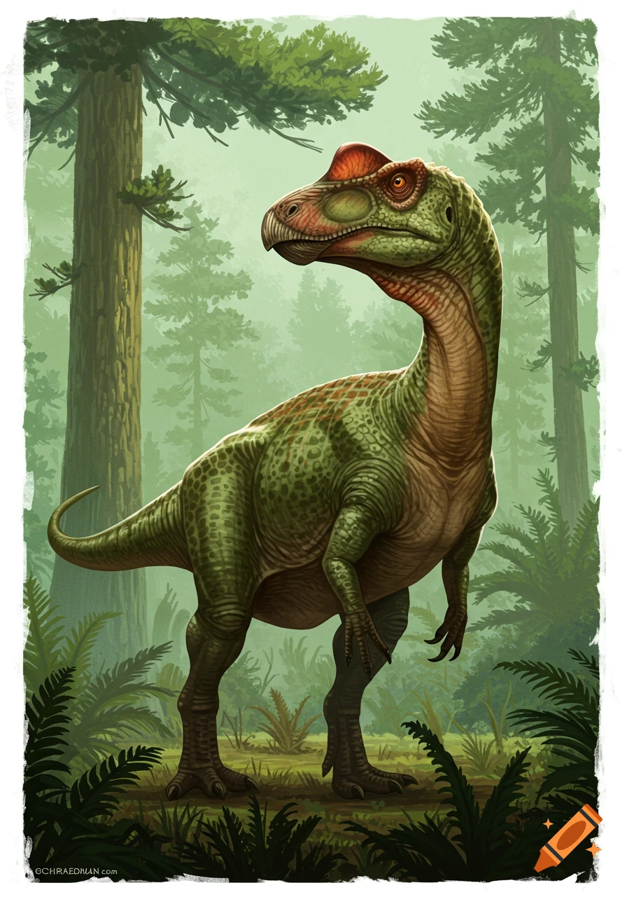 Illustration of a dinosaur standing in a prehistoric forest.