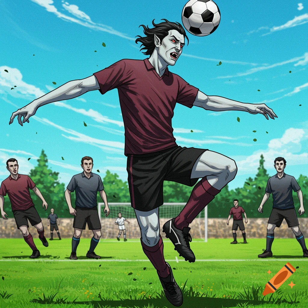 Vampire playing soccer, heading the ball during a game