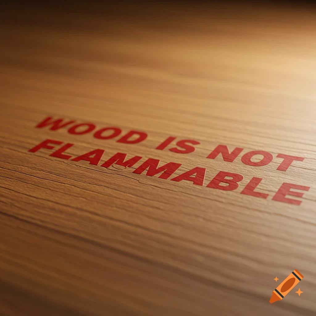 Red text 'WOOD IS NOT FLAMMABLE' printed on a wooden surface.