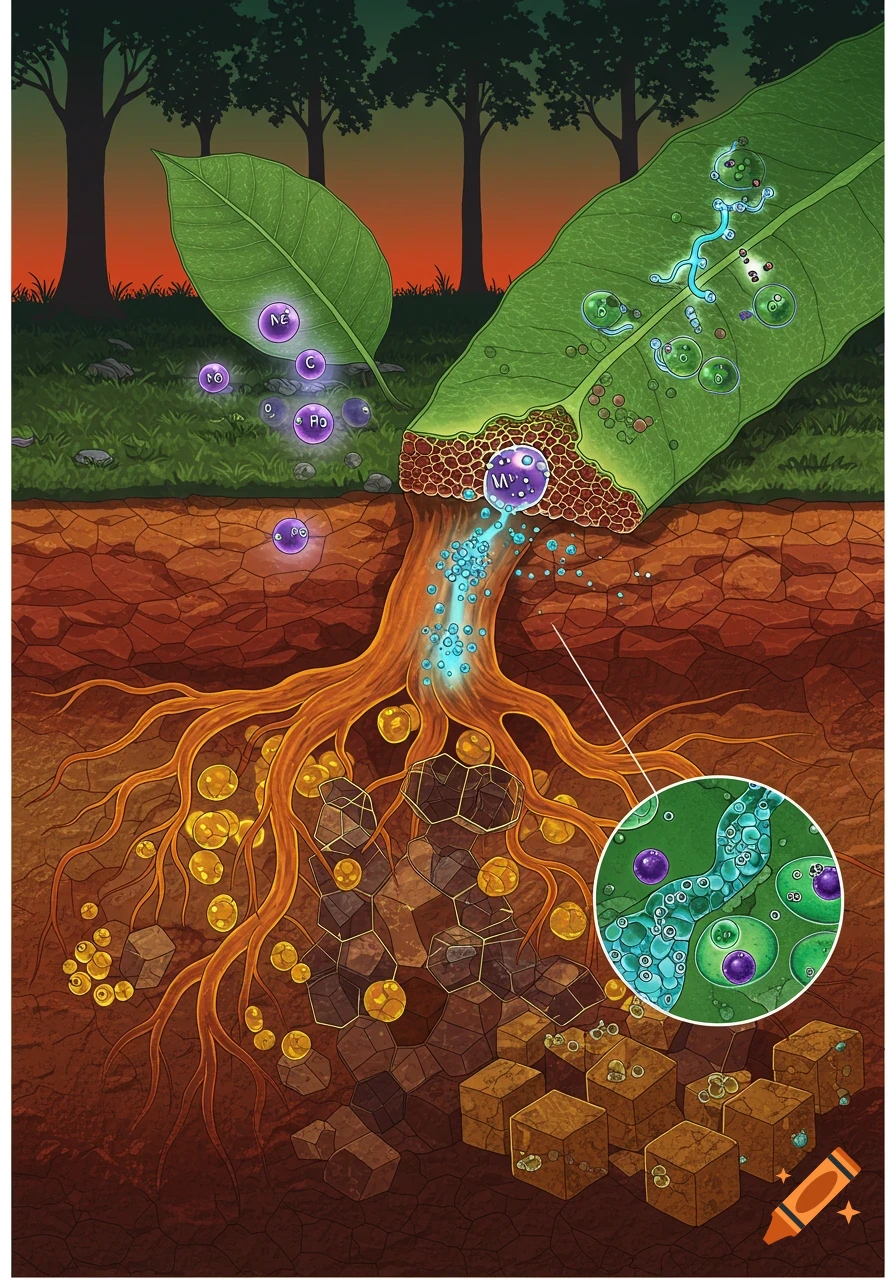 Scientific illustration of plant roots absorbing nutrients from soil and transferring to a leaf, with magnified cellular view.