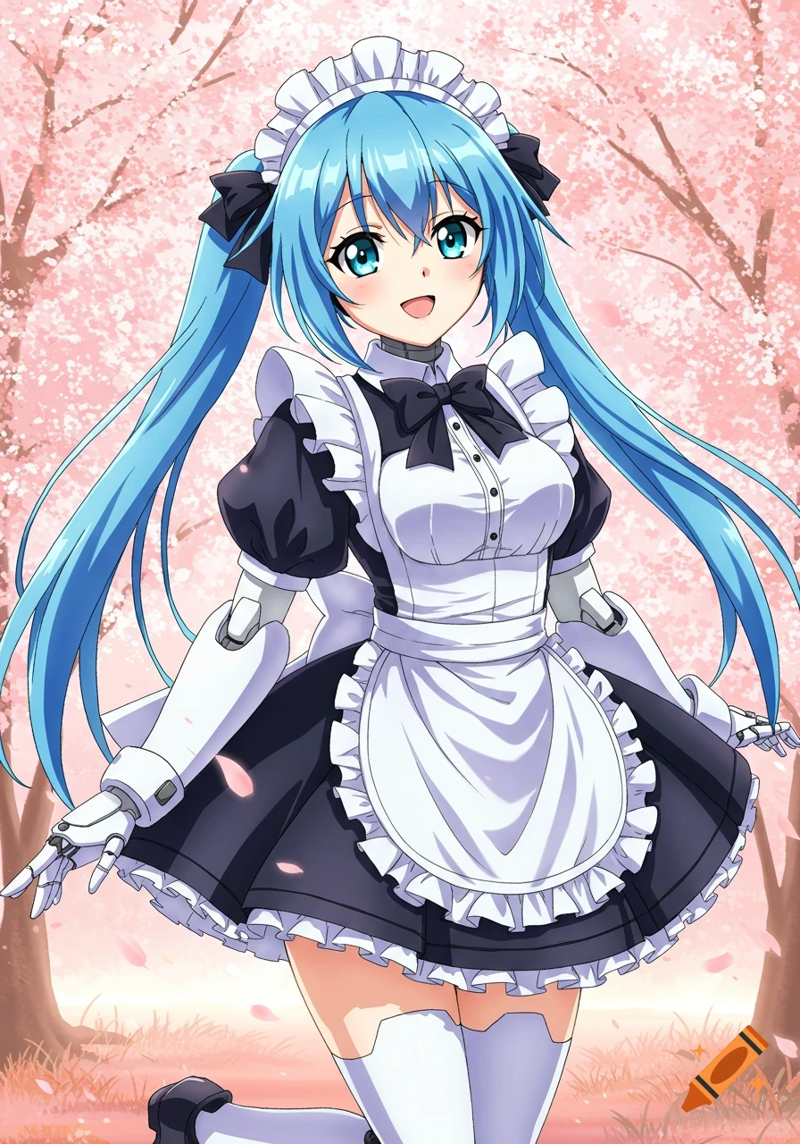 Anime robot girl in maid outfit standing among cherry blossoms.