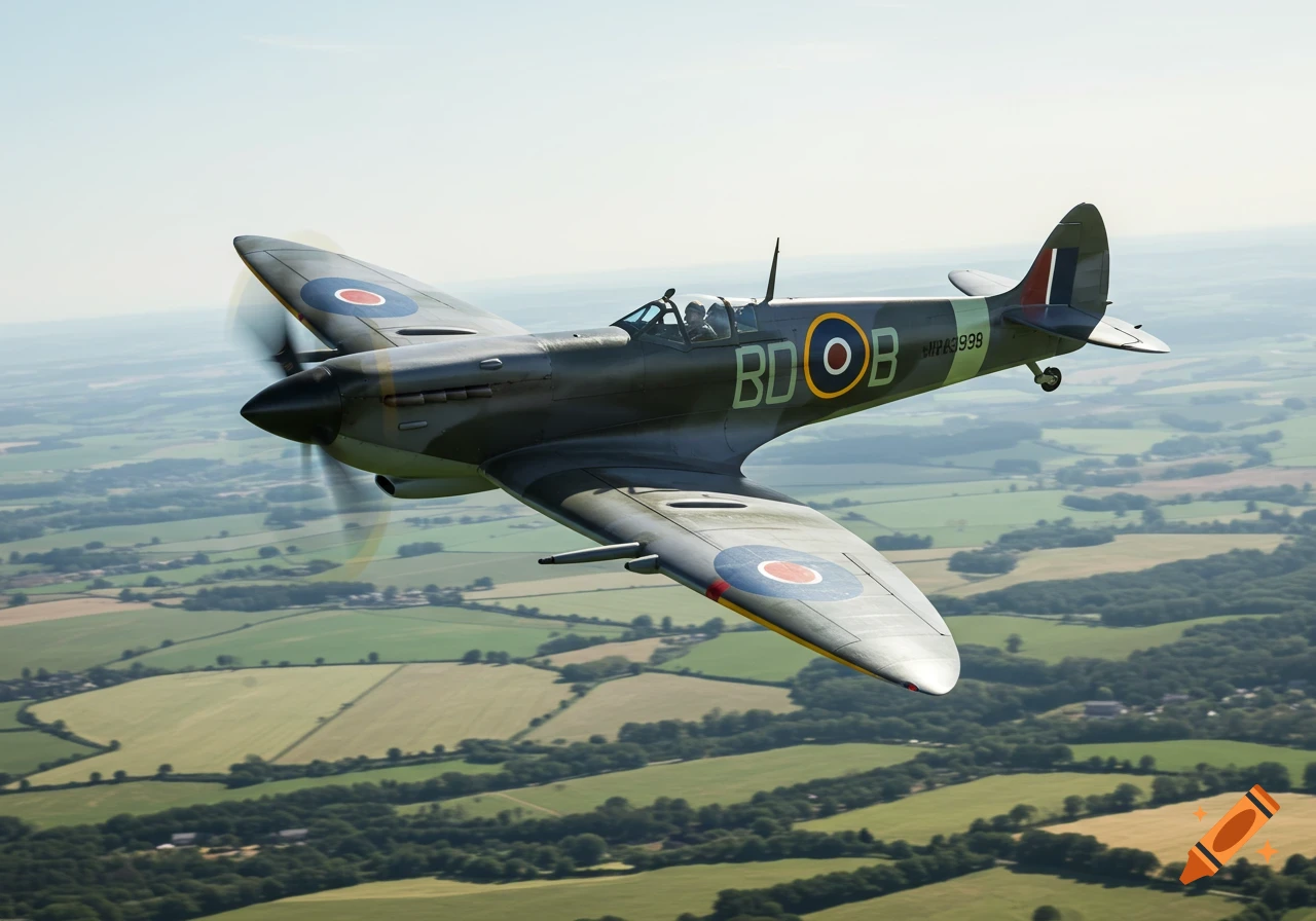 A realistic depiction of a Spitfire airplane flying over a green landscape.