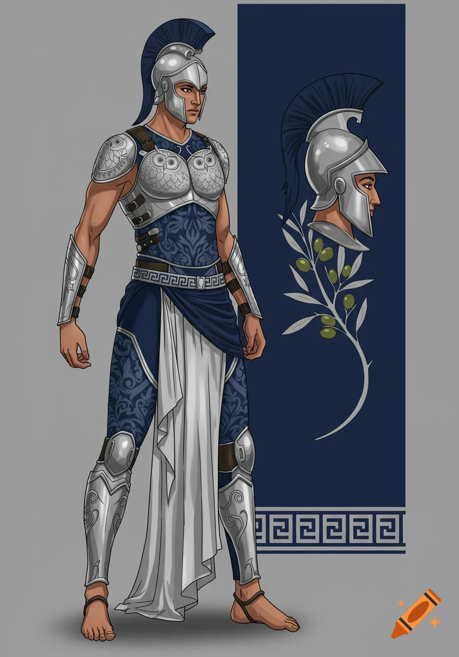 Illustration of a figure in silver and blue Greek-inspired armor with owl and olive motifs, standing next to a banner.