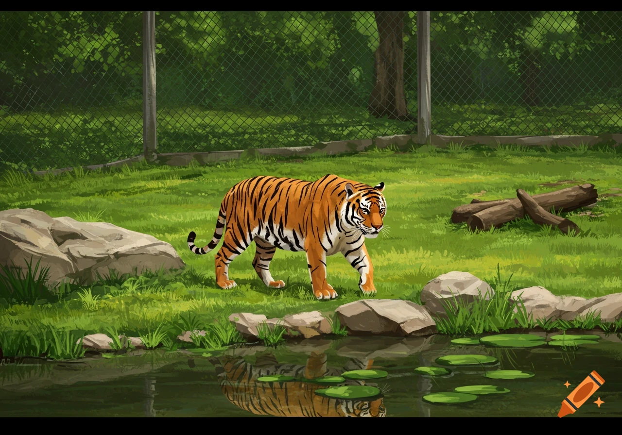 An illustration of a tiger walking through a grassy enclosure with a pond and fence.