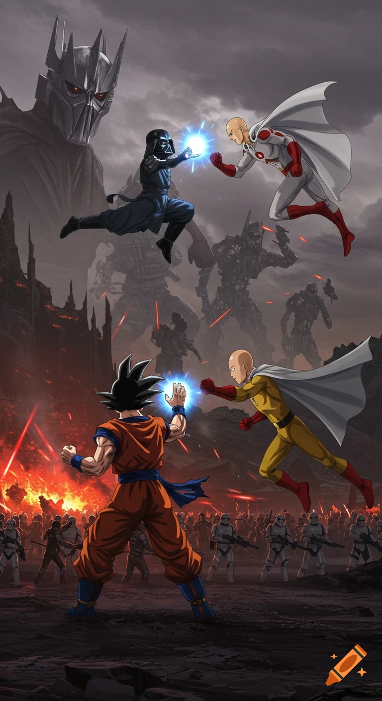 Anime-style crossover battle with Goku, Saitama, and Darth Vader ...