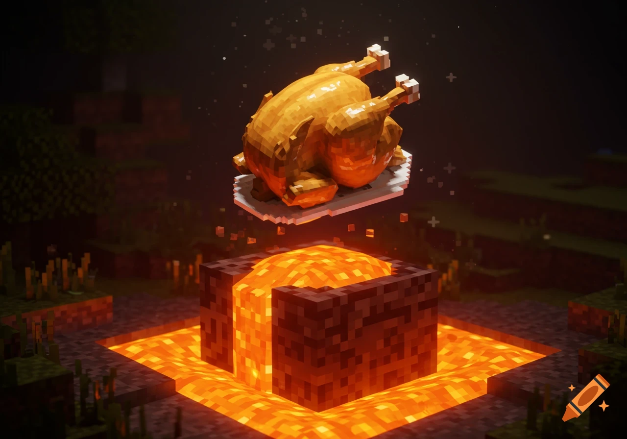 A roasted chicken floats above a blocky lava pool in a Minecraft-like scene.