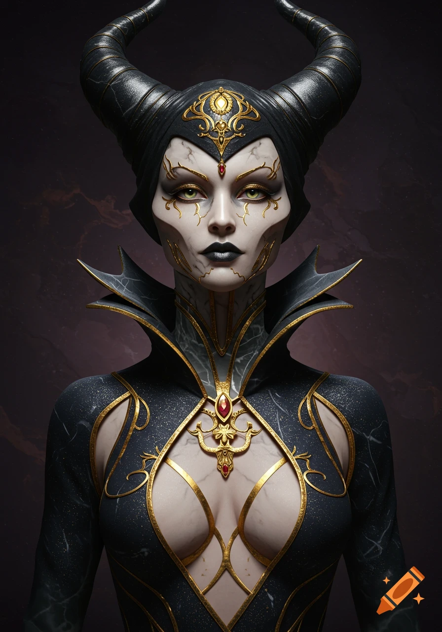 Fantasy portrait of a villainous sorceress with large horns, patterned skin, and an ornate black and gold outfit.