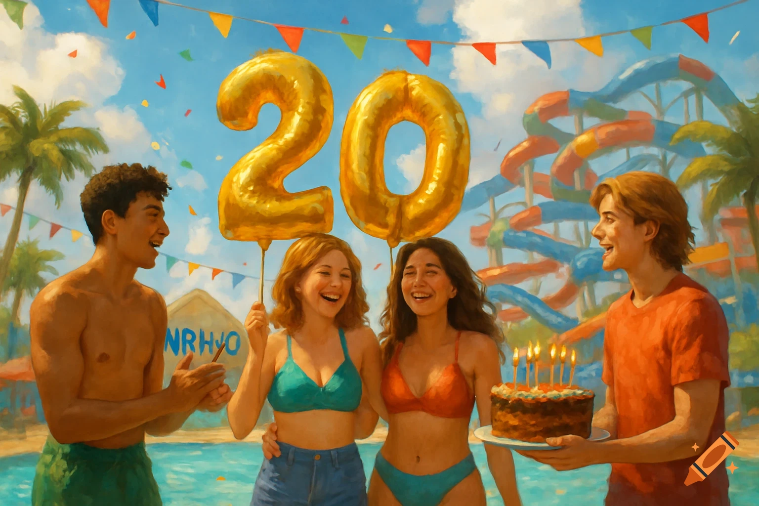 Young people celebrate a 20th birthday at a water park with balloons and cake. Painterly style.