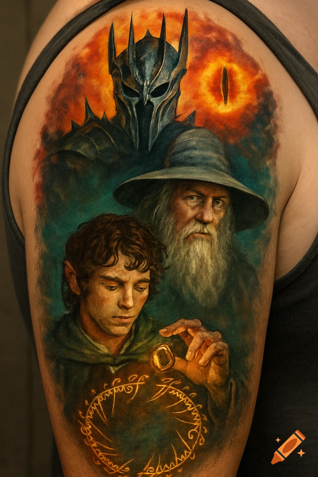 Realistic Lord of the Rings tattoo on an arm featuring Frodo holding the One Ring, Gandalf, Sauron, and the Eye.