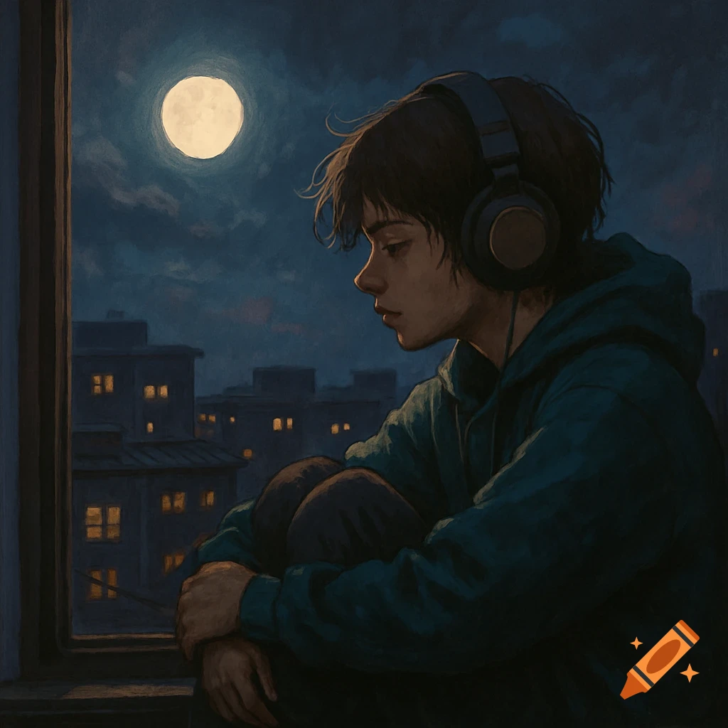 Lofi art of a person with headphones sitting by a window at night, looking out at city buildings under a full moon.