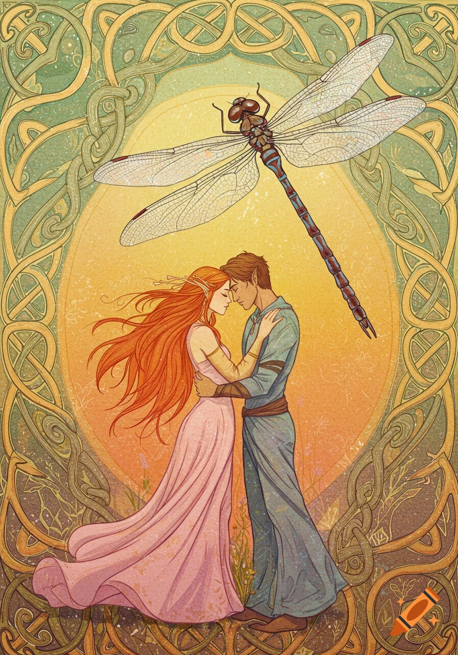 Illustration of a couple embracing under a large dragonfly framed by celtic knots.