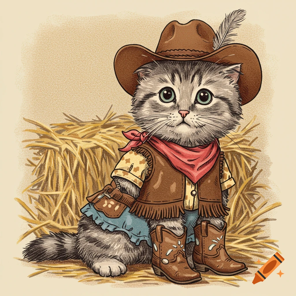 A cute kitten dressed as a cowgirl with a hat and boots, sitting by a hay bale in a vintage illustration style.